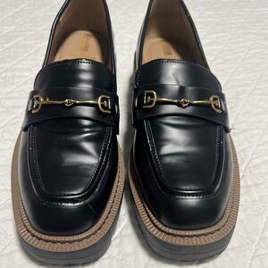 Sam Edelman Black Patent Laurs Lug Sole Loafers Gold Bit Buckle Platform